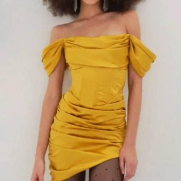 NWOT For Love & Lemons Yellow Ruched Bustier Corset Drew Mini Dress XS $259 - Picture 5 of 12